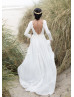 Long Sleeve Ivory Lace Chiffon V Back Wedding Dress